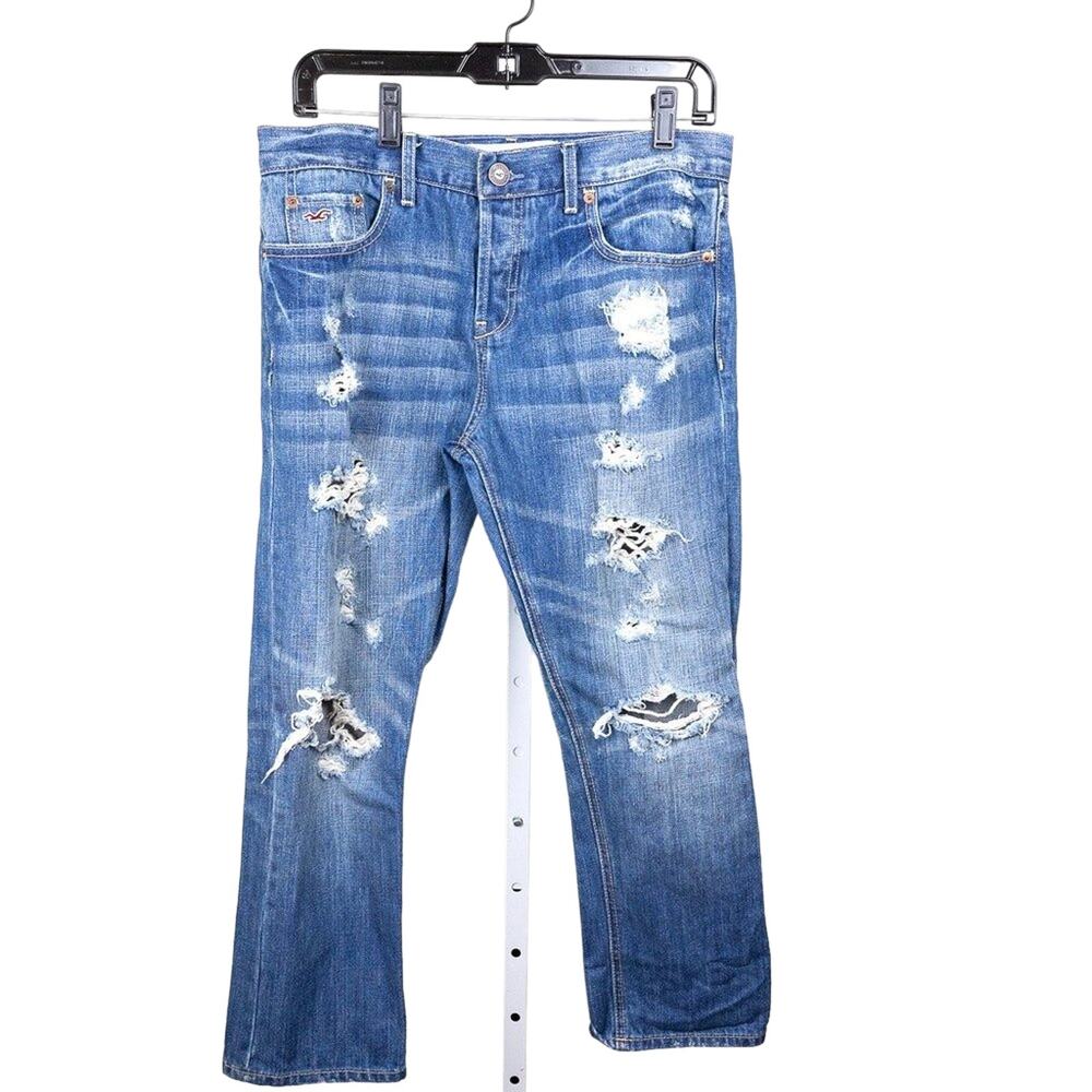 Hollister Blue Med Wash Distressed Cropped Women Jeans, Size 2